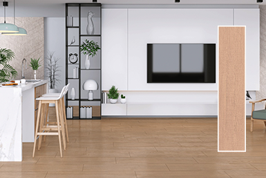 CERÁMICA MADERADA INTERIOR CAFÉ LEGNO TAUPE- 25X115CM Cerámica café clara en piso y pared blanca con televisor, sillas blanca y meson de cocina blanco