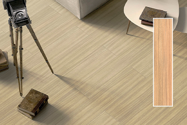 CERÁMICA MADERADA TOMATE ROVERE BONE 25X115CM Cerámica maderada tomate en piso rectificado en sala con una camara antigua y mesa pequeña decorativa blanca de porcelanato
