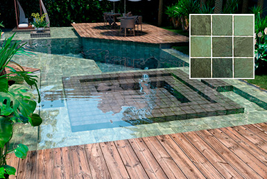 CERAMICA-PISCINA -BODRUM-10X10-CM Cerámica en piscina color verde elegante con pisos de madera en exterior
