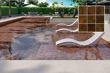 ceramica-piscina-CORTEN-10X10-CM ceramica de piscina ecuador color cafe, con silla blanca y de fondo arboles con flores