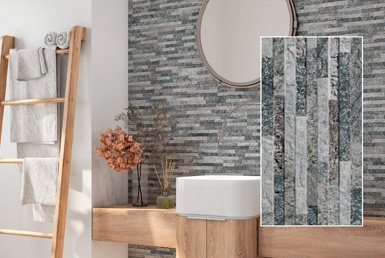 CERÁMICA DECORATIVA GRIS YOSEMITE-GRIS-15,3X58,9-CM Cerámica decorativa en cocina de pared, con mesón de madera, y escalera de madera con espejo redondo