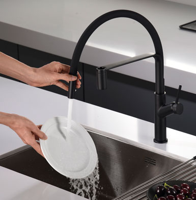 griferia-SENA-NEGRO-MATE Griferia para cocina extraible el mando de color negro mate, manivela negro mate y fregadero gris cromado, plato blanco