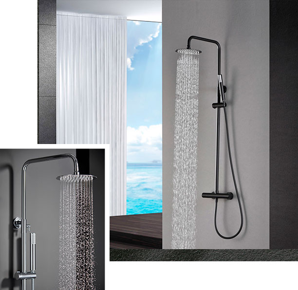 kinara-duchas-quito ecuador- importadores directos- distribucion Dichas negro mate con fondo gris y ducha gris cromada larga para baño.