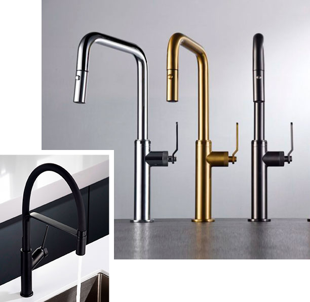 kinara-griferia-cocina Griferías negro mate para cocina altas, grifo de cocina doradas, y llave negro mate redondo para cocina con mango flexible