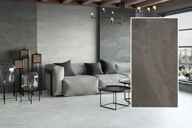 Porcelanatos- antideslizantes. MUTAZ MARENGO 30,3X61,3CM Porcelanatos antideslizantes en areas de exteriores sala de parrillas, con asiento gris y pared de antideslizantes grises y accesorios decorativos.