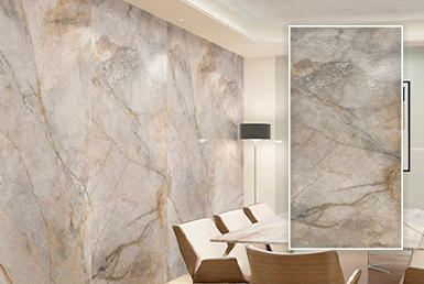 SILVER RIVER-PIEDRA SINTERIZADA Piedra sinterizada color beige con betas grises y cafes claros.