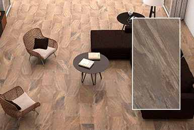 PORCELANATO- ANTIDESLIZANTE- TUCSON MARRON 30,3X61,3 CM Porcelanato antideslizante café en exterior del hogar, con sillones color cafés y sillas color beige formato 30x 60 cm
