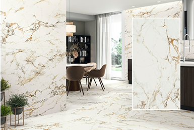 porcelanato_espanol-BELLAGIO Porcelanatos formatos grandes color blanco con vetas doradas y cafes en sala de casa moderna