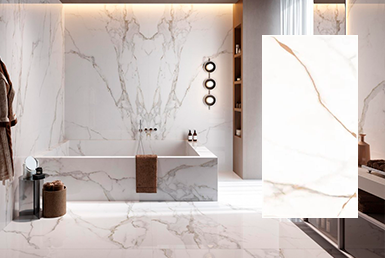 porcelanato_espanol-CALCATTA ORO piedra sinterizada en pared y en bañera color blanco con vetas doradas, tipo mate con pieza de 240x320 cm en baño blanco elegante