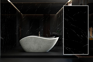 PORCELANTO GIGANTE -NERO MARQUINA Porcelanato gigante tipo marmol en pisos y paredes de baños exclusivos negro mate con betas blancas