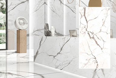 porcelanato_espanol-STATUARIO NORWELL porcelanato gran formato de color blanco con betas doradas y grises, paredes y mesones de porcelanato blanco con vetas