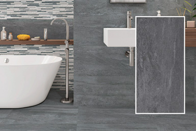 porcelanato_tipo_cemento_CLIFF-GRAFITO- Porcelanato 30x60 para pared y en piso color gris, con bañera blanca y lavamanos blanco de porcelaanto y griferia exclusiva gris