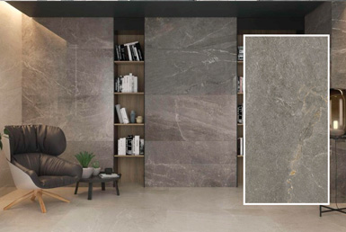 porcelanato_tipo_cemento_TEMPO-DARK Porcelanato elegante color marron con vetas doradas y piso mate gris con asiento de cuero negro