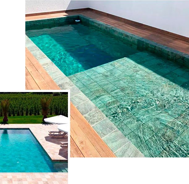 PISCINAS-MOSAICOS-IMPORTADORES Piscinas con cerámicas color verde, azul en formatos 20x20 y formatos 10x10
