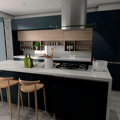 Asegúrate de diseñar tu cocina en torno al triángulo de trabajo: refrigerador, fregadero y estufas.