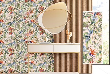 LIYA BEIGE Pared con porcelanato decorativo de flores, y con pared de panle ranurado beige, con espejos decorativos redondos.