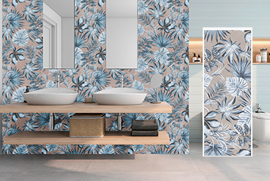 LIYA GRIS Porcelanato decorativo de baño, con lavamanos blanco y meson de cocina de piedra sinterizada.