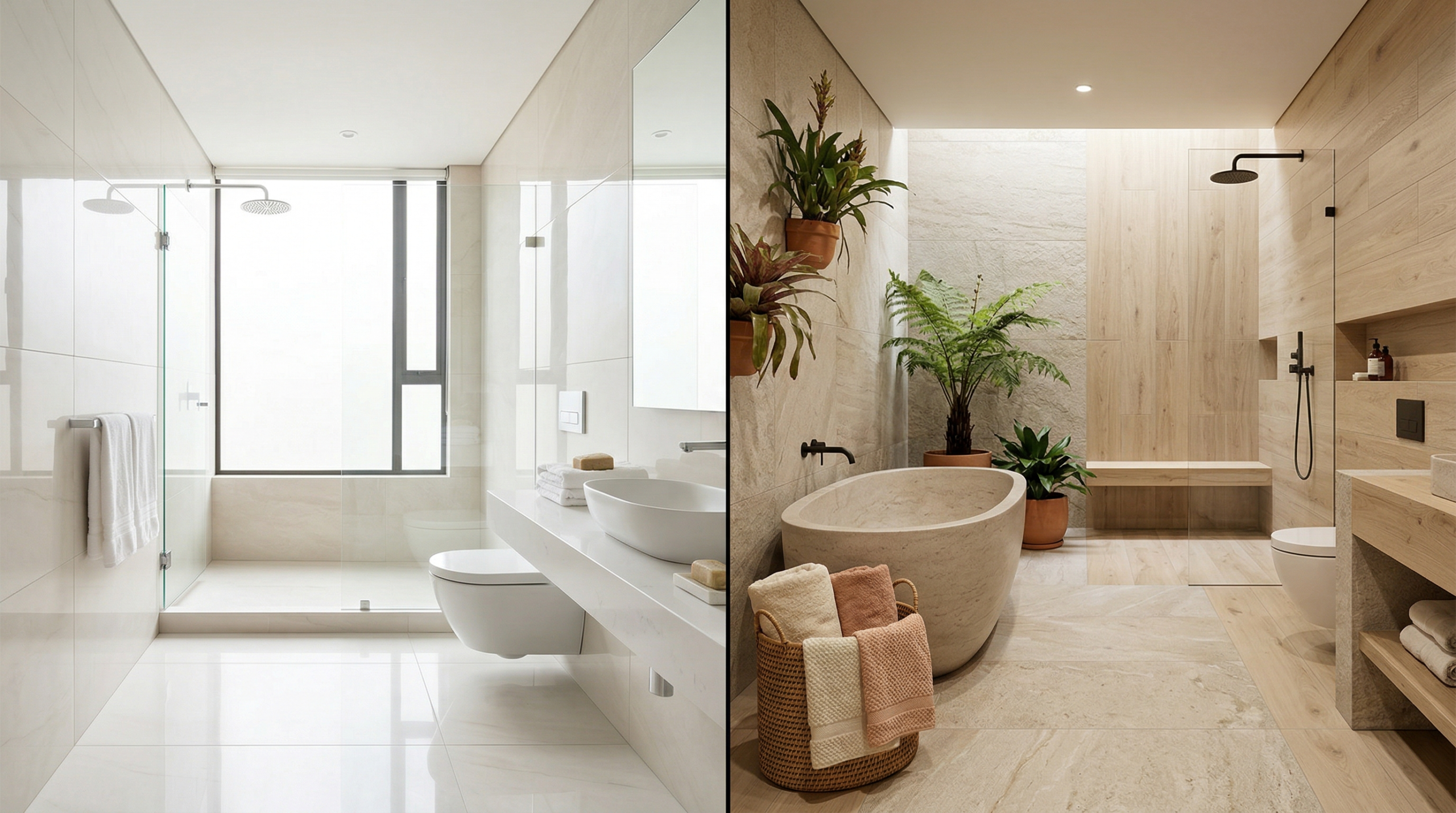 Baño moderno y tipo spa con porcelanato claro y tonos cálidos Baño moderno y tipo spa con porcelanato claro y tonos cálidos