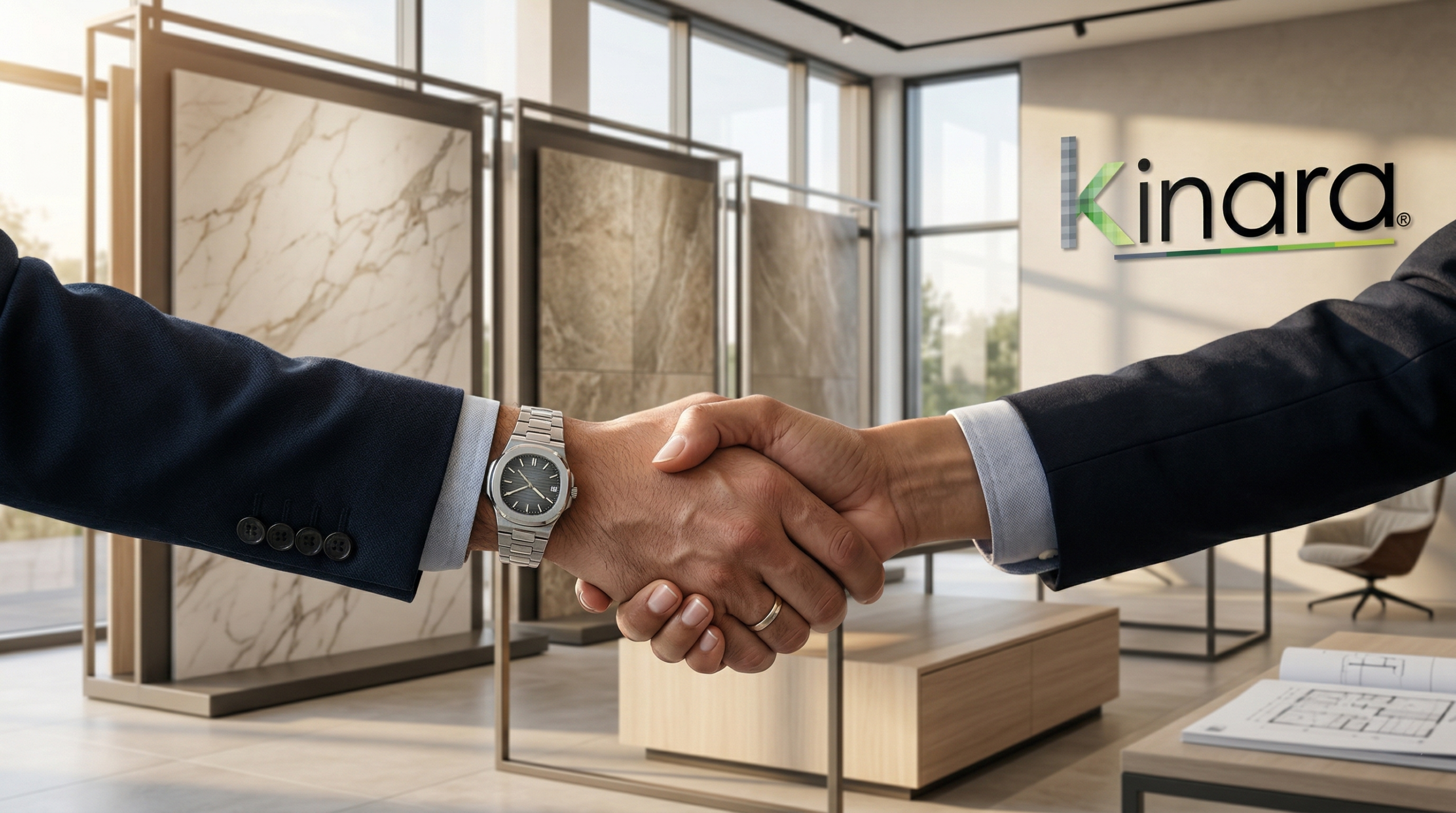 Cierre de negocio con asesoría profesional en showroom Kinara apretón de manos en showroom de porcelanato kinara representando confianza y asesoría profesional