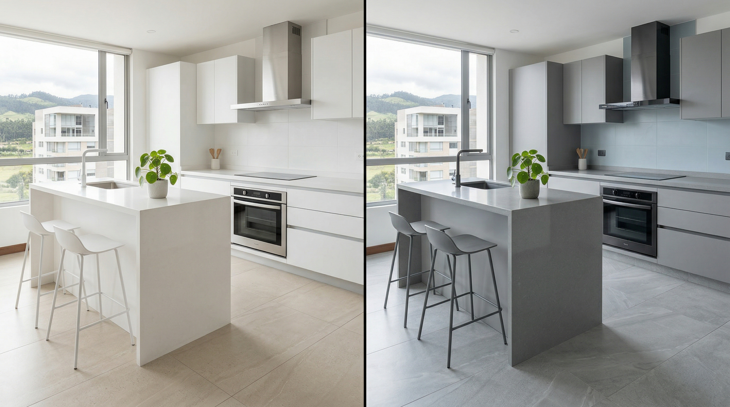 Cocina moderna con porcelanato claro y frío para limpieza y modernidad porcelanato en cocina con tonos claros y frios mostrando limpieza y estilo moderno