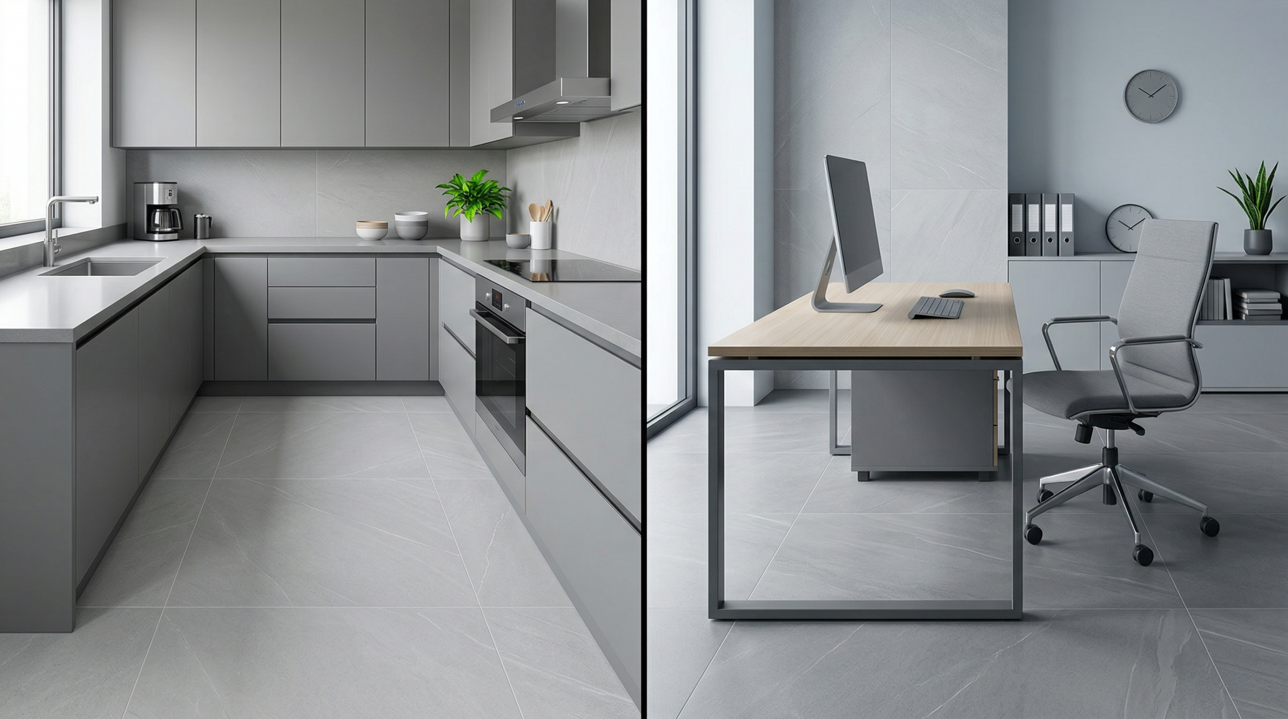 Cocina y oficina moderna con porcelanato en tonos fríos y diseño minimalista porcelanato en tonos frios en cocina moderna y oficina minimalista con diseño limpio y contemporaneo