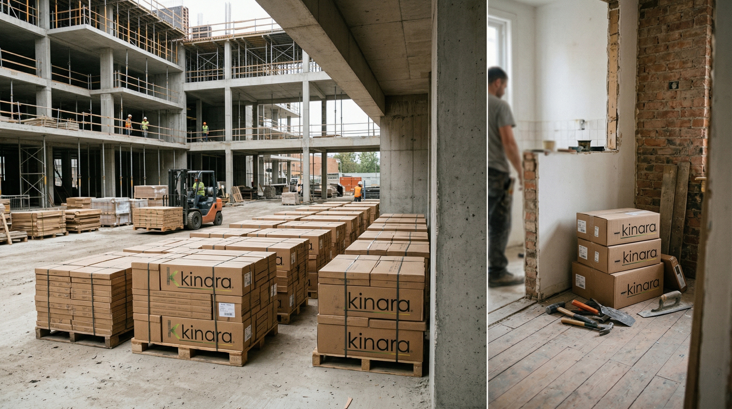Comparación de volumen de porcelanato en obra con cajas Kinara en proyectos grandes y pequeños