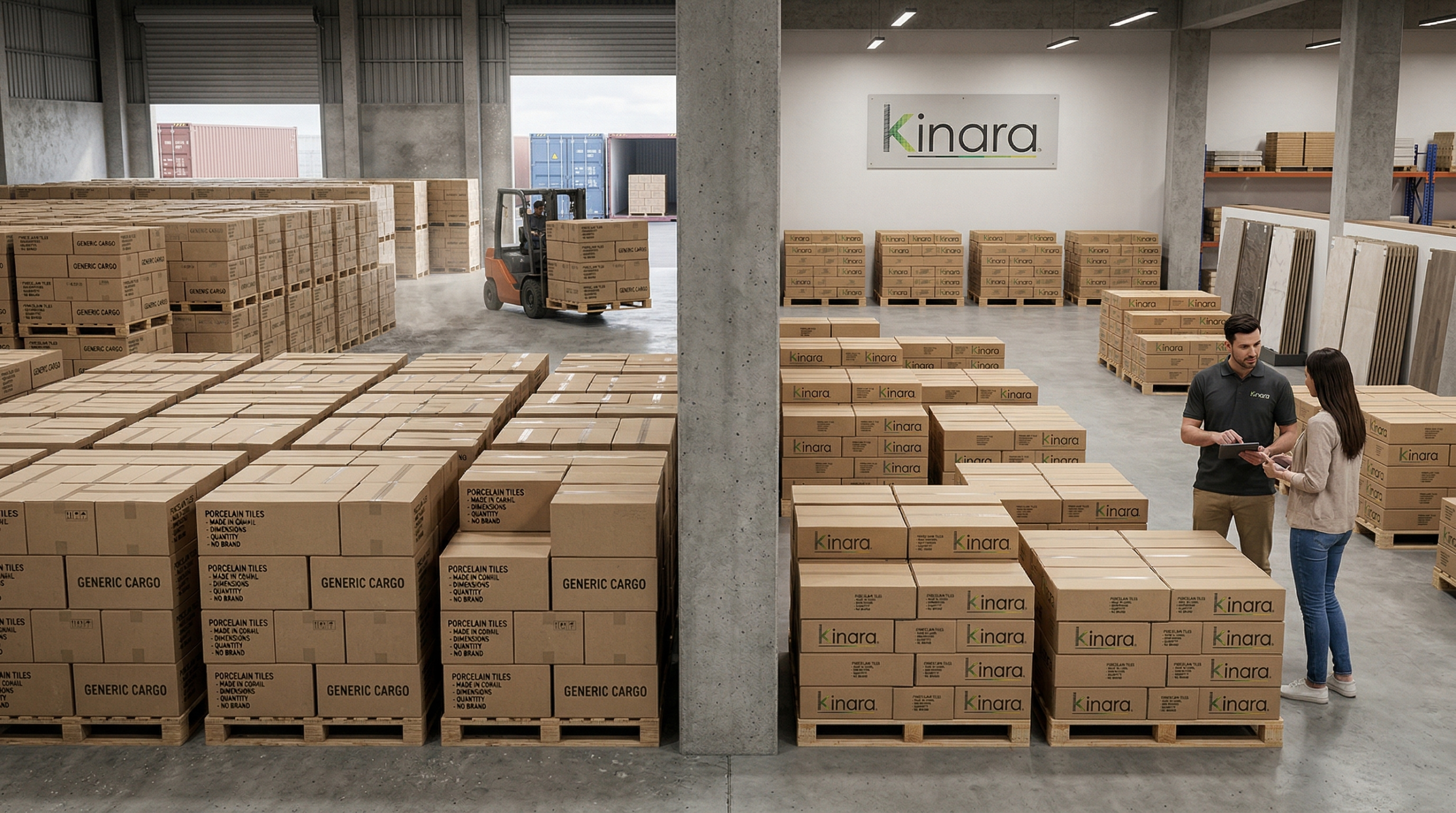 Comparación entre importación directa de porcelanato y compra local en Kinara importación de porcelanato gestionada por kinara con pallets organizados y control logístico en bodega