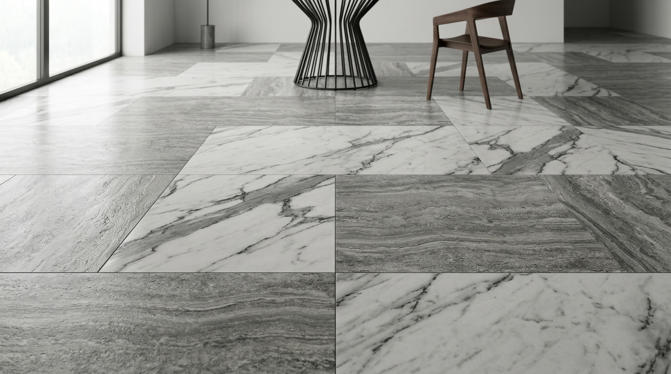 Detalle de porcelanato importado con diseño hiperrealista tipo mármol y piedra