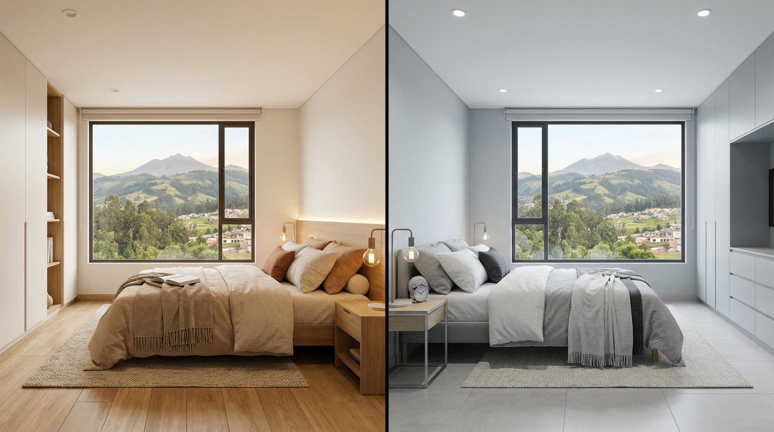 Dormitorio moderno con porcelanato cálido y neutro para confort y descanso porcelanato en dormitorio con tonos calidos y neutros para confort y descanso visual
