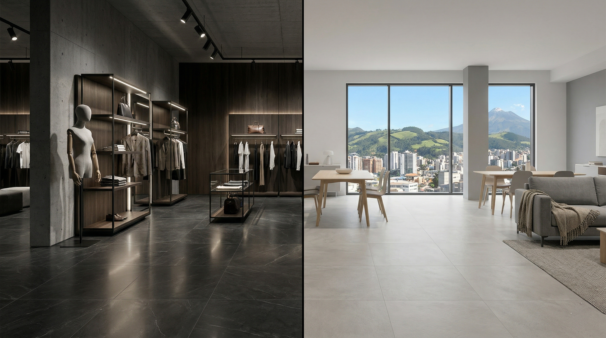 Espacio comercial moderno con porcelanato oscuro y neutro errores al elegir color de porcelanato comparando espacio mal diseñado y bien equilibrado