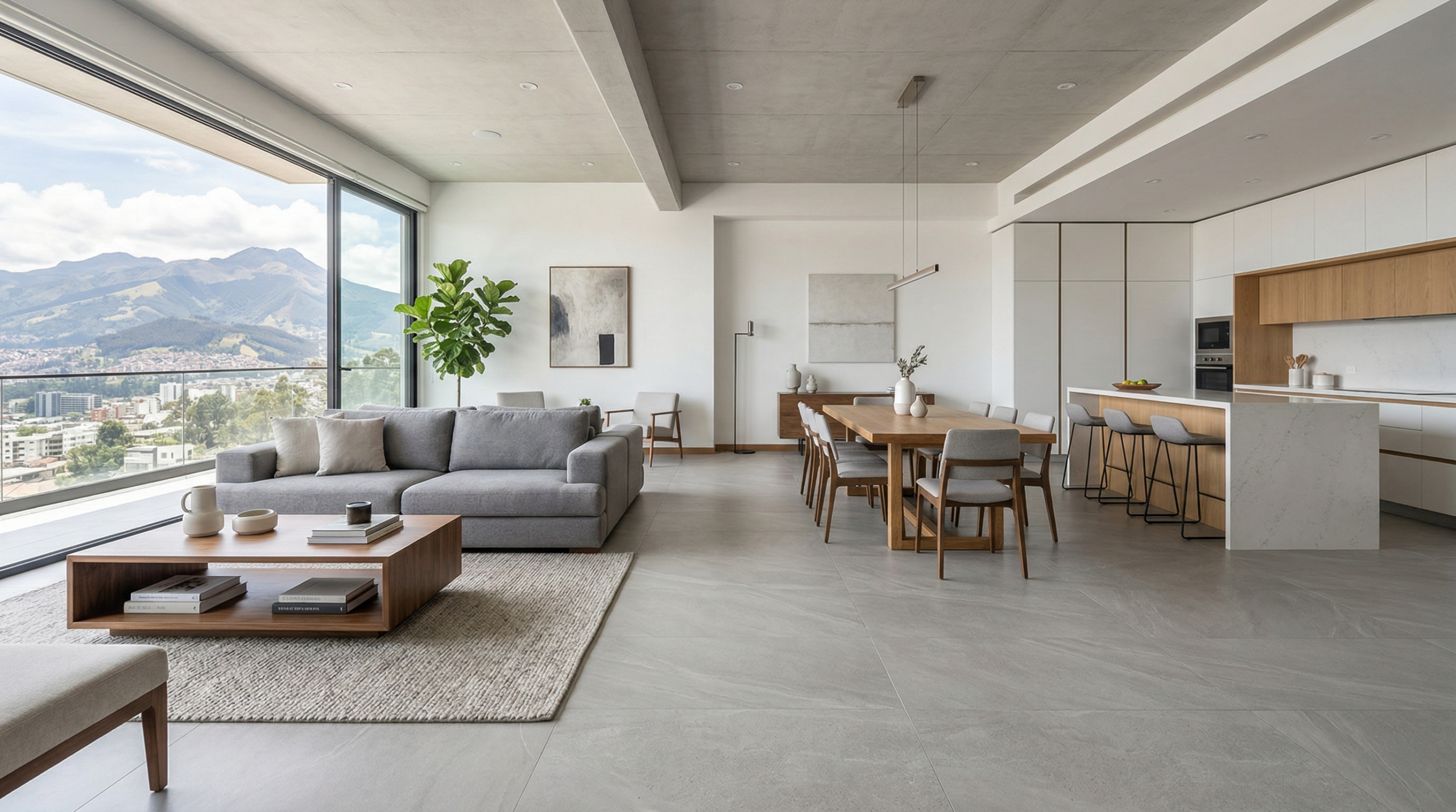 Espacio integrado con porcelanato neutro adaptable a diferentes ambientes porcelanato en tonos neutros en espacios integrados que permite diseño flexible y atemporal
