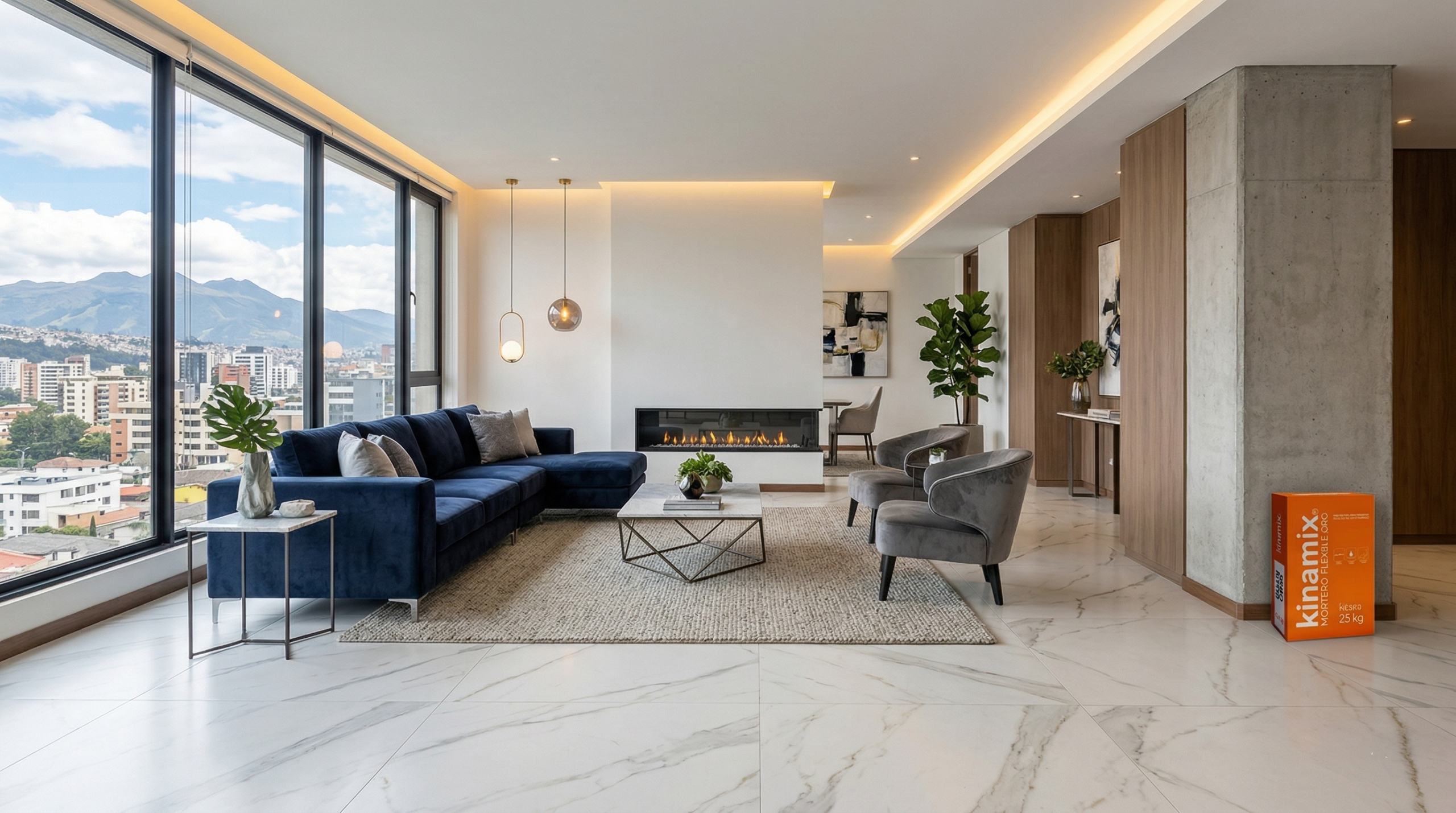 Espacio moderno con porcelanato de alta calidad y adhesivo Kinamix en contexto real interior moderno con porcelanato de alta calidad y uso de mortero kinamix para instalacion profesional