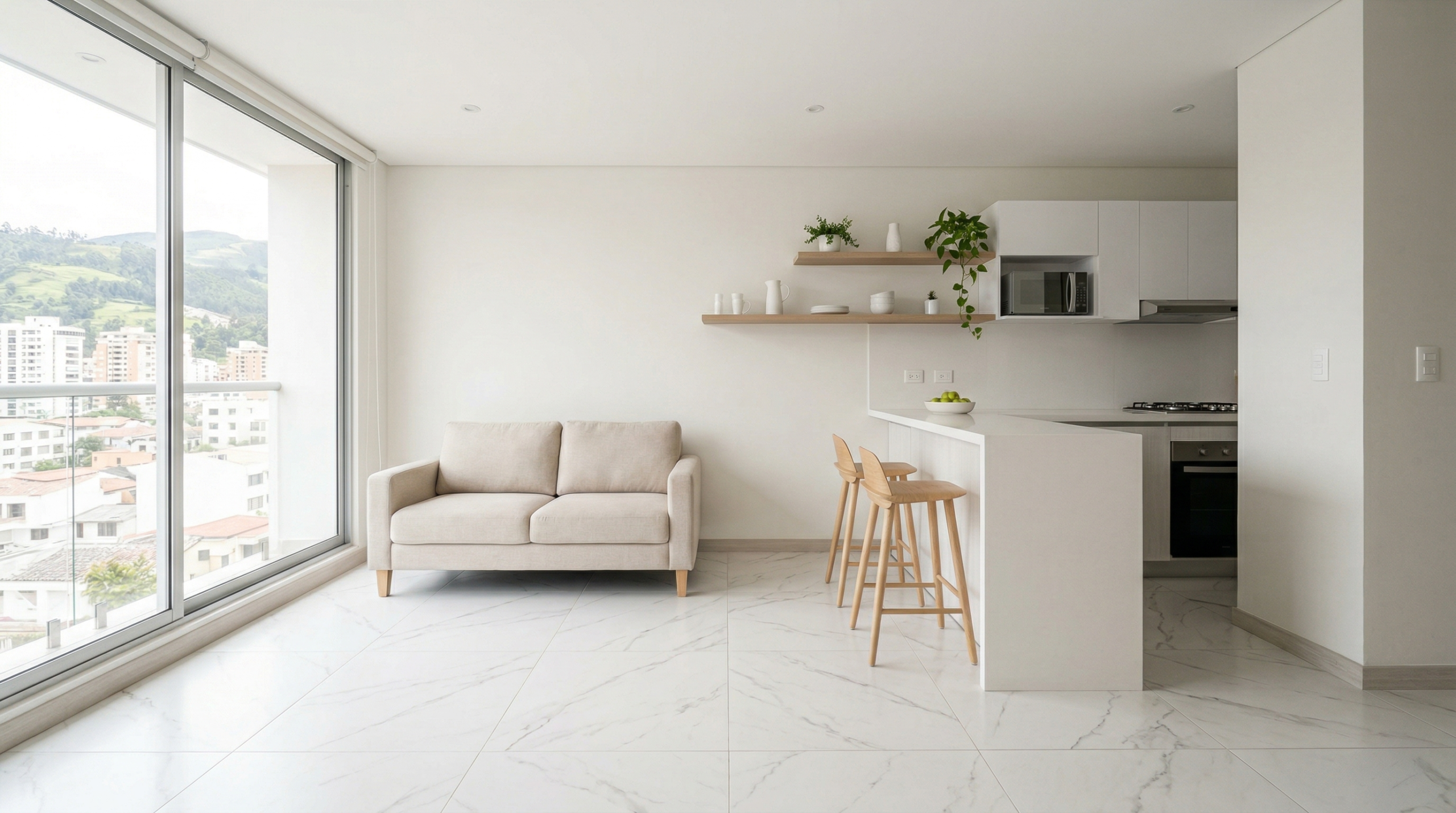 Espacio pequeño ampliado visualmente con porcelanato claro departamento pequeño con porcelanato claro que genera mayor amplitud y luminosidad visual