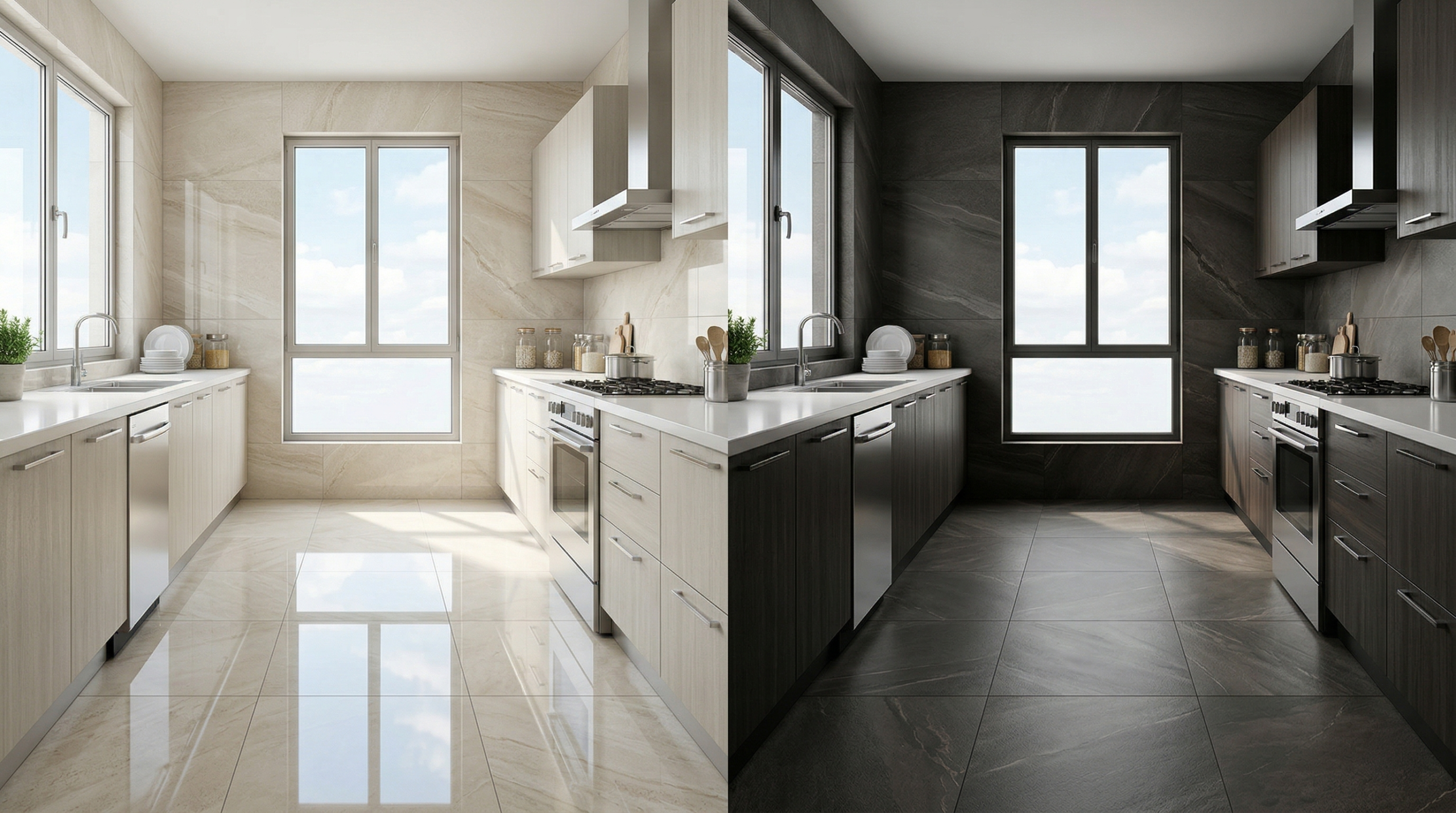 Influencia del color del porcelanato en la iluminación de un espacio porcelanato claro vs oscuro mostrando diferencia en iluminacion y funcionalidad de interiores