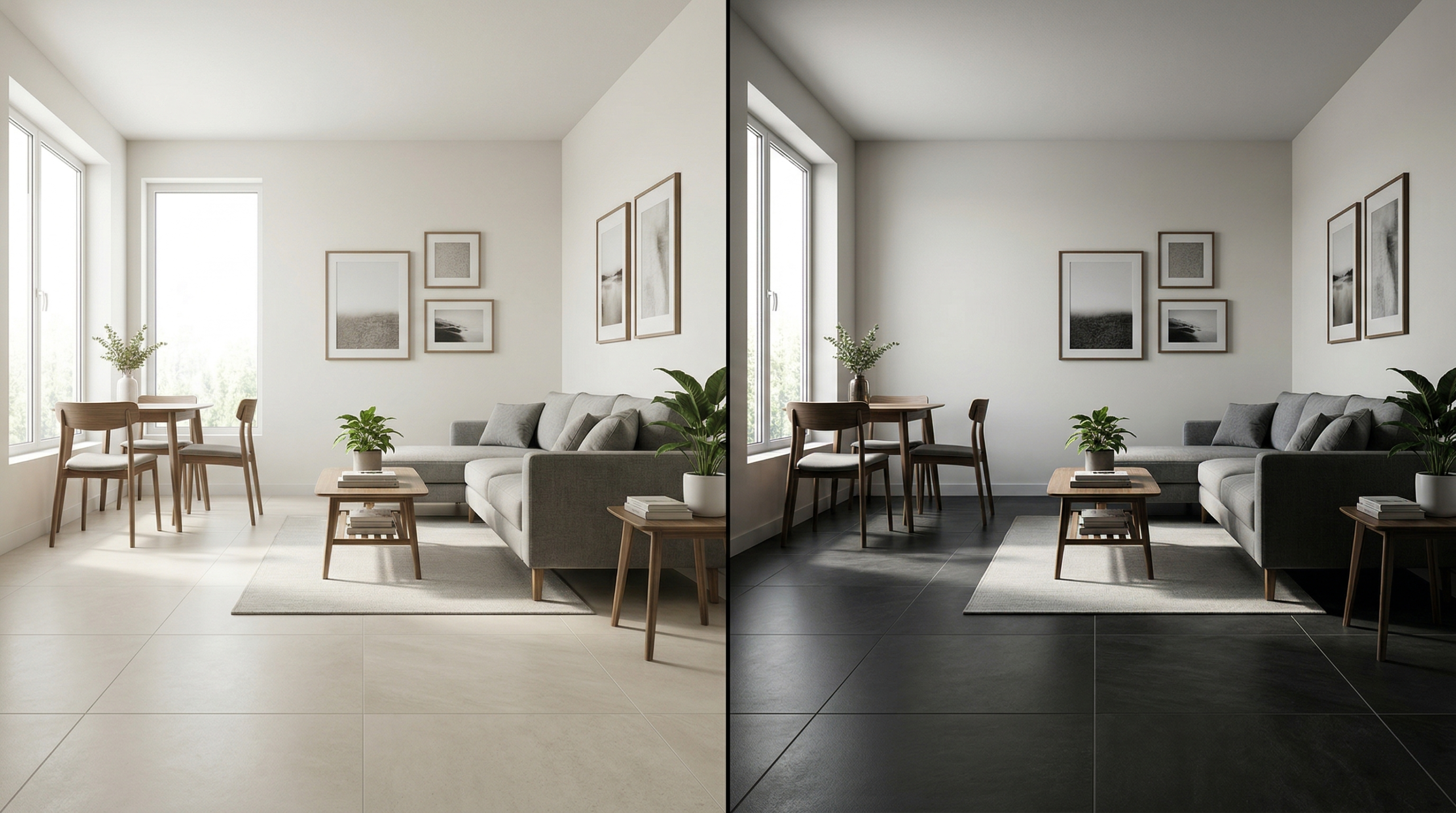 Percepción de amplitud según el color del porcelanato en un mismo espacio color de porcelanato claro vs oscuro mostrando efecto de amplitud y reduccion en espacio interior