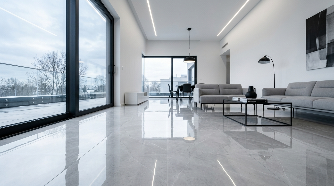 Porcelanato pulido- elegancia moderna con sensación térmica fría Sala moderna con porcelanato pulido gris que transmite sensación visual fría y elegante