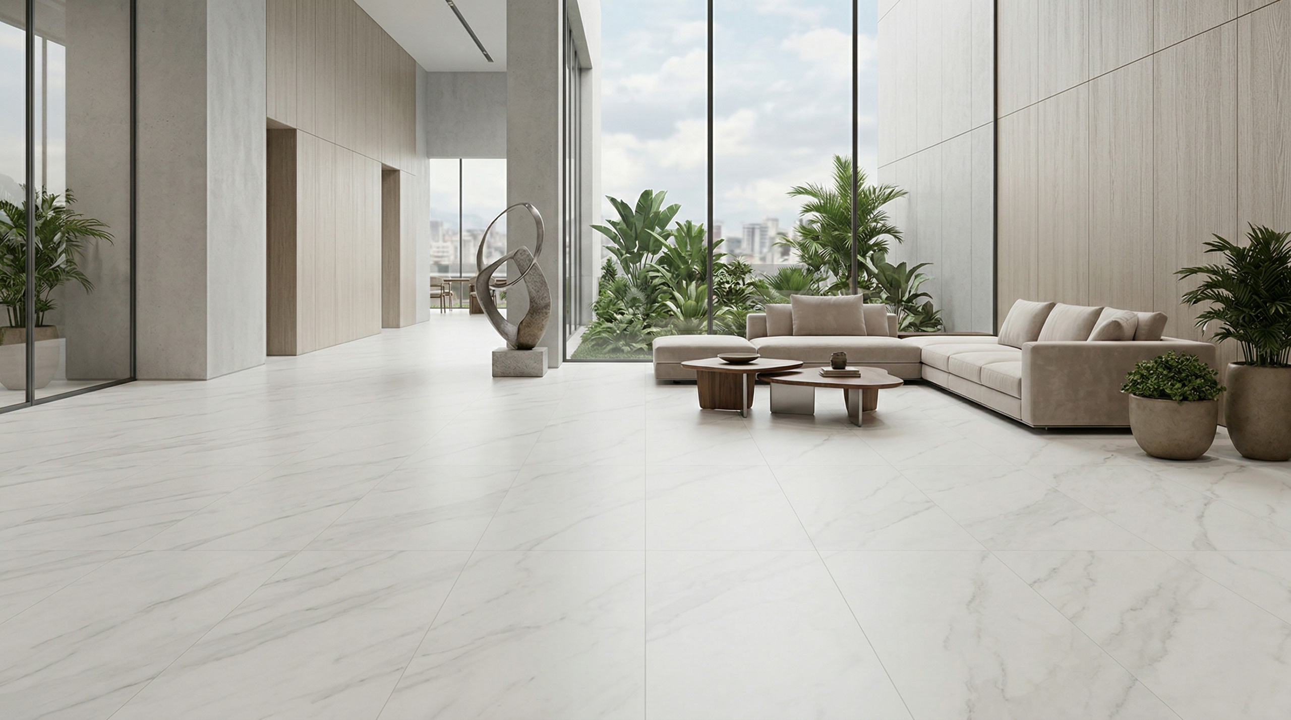 Porcelanato rectificado con continuidad visual en espacio moderno