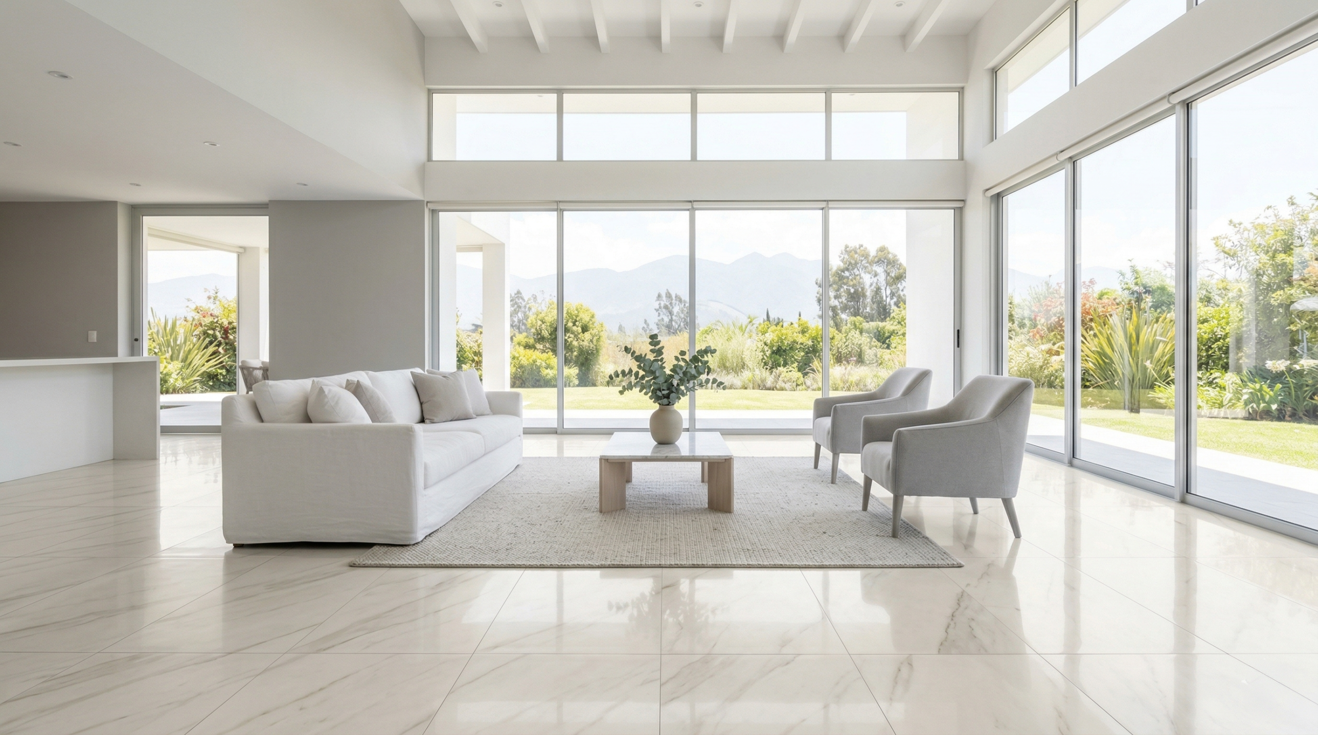 Sala moderna con porcelanato claro que transmite amplitud y luminosidad sala amplia con porcelanato claro tipo marmol que aporta luz limpieza y sensacion de espacio