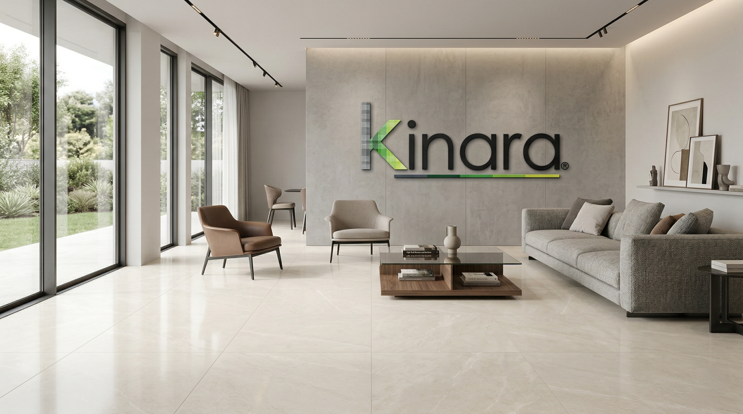 Showroom moderno con porcelanato de alta calidad y logo Kinara en pared de fondo porcelanato de alta calidad en espacio moderno con logo kinara integrado en pared de fondo de forma elegante