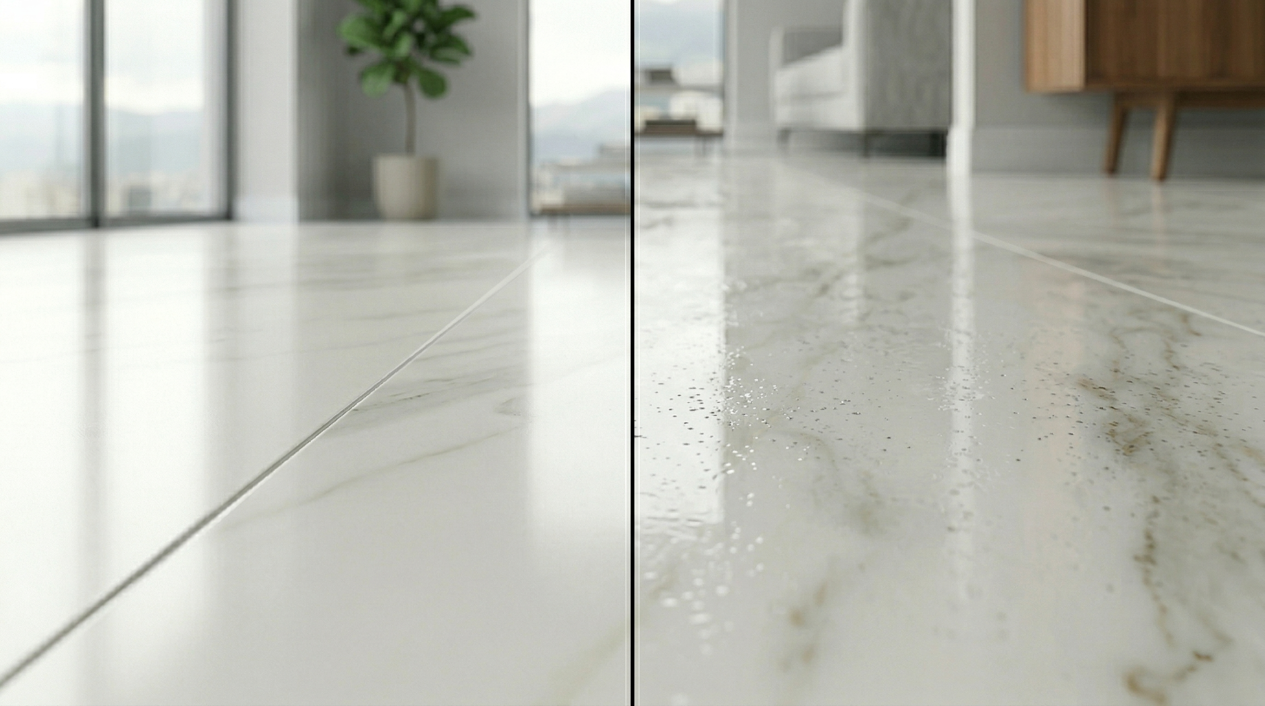 acabado-porcelanato-calidad-vs-defectos-superficie comparación de acabado superficial en porcelanato uniforme vs con imperfecciones y manchas visibles