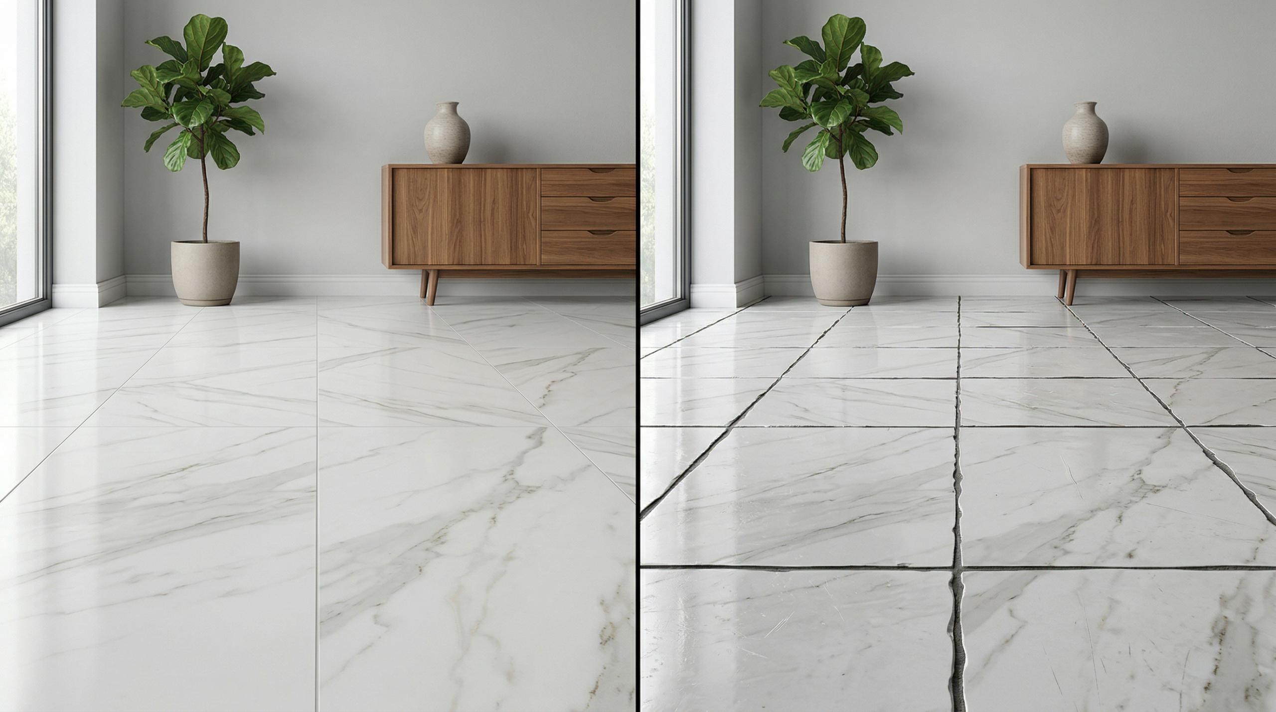 porcelanato-alta-calidad-vs-baja-calidad-comparacion comparación porcelanato alta calidad vs baja calidad con juntas visibles y acabado rectificado en sala moderna