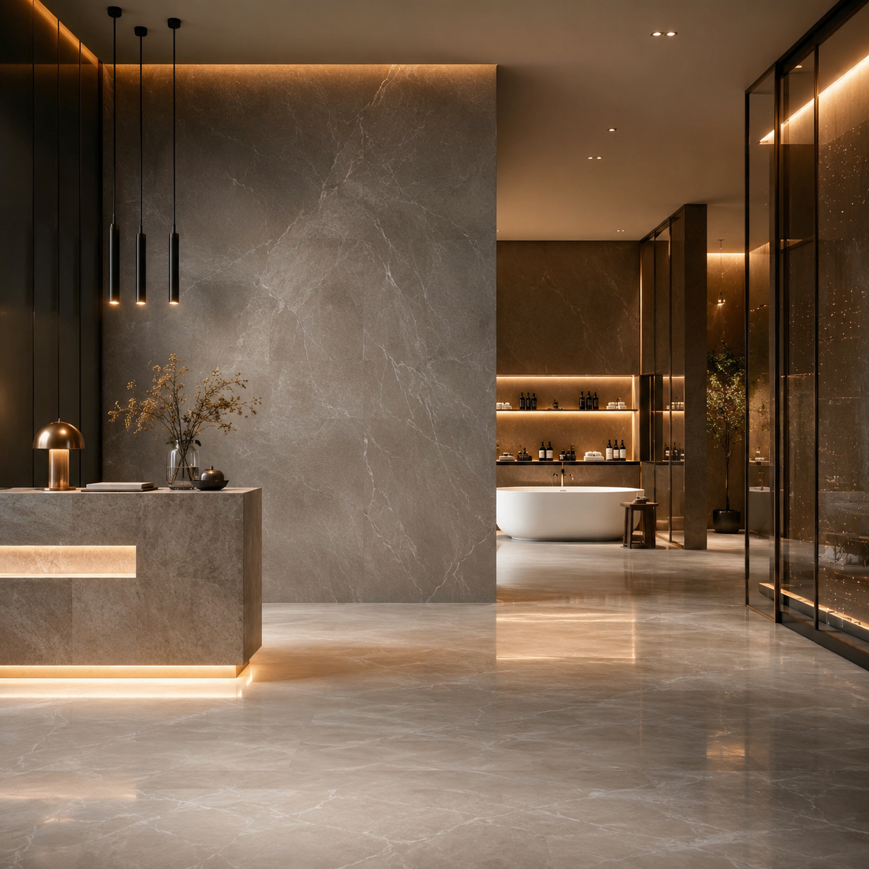 Arquitectura de lujo con porcelanato XL contemporáneo Instalación profesional de porcelanato XL utilizando adhesivos especializados y sistemas de nivelación en un proyecto contemporáneo moderno.