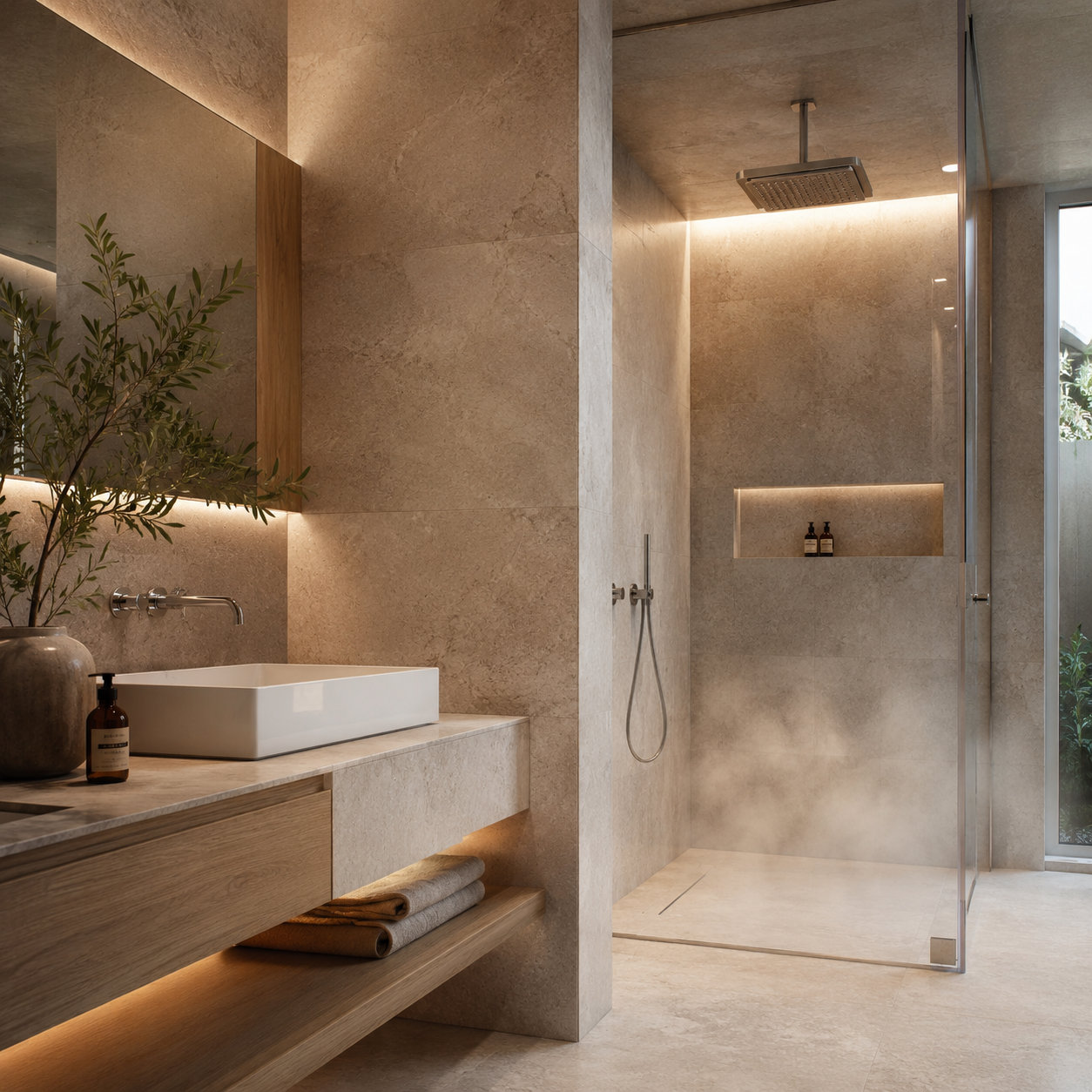 Baño contemporáneo con porcelanato resistente a humedad y vapor