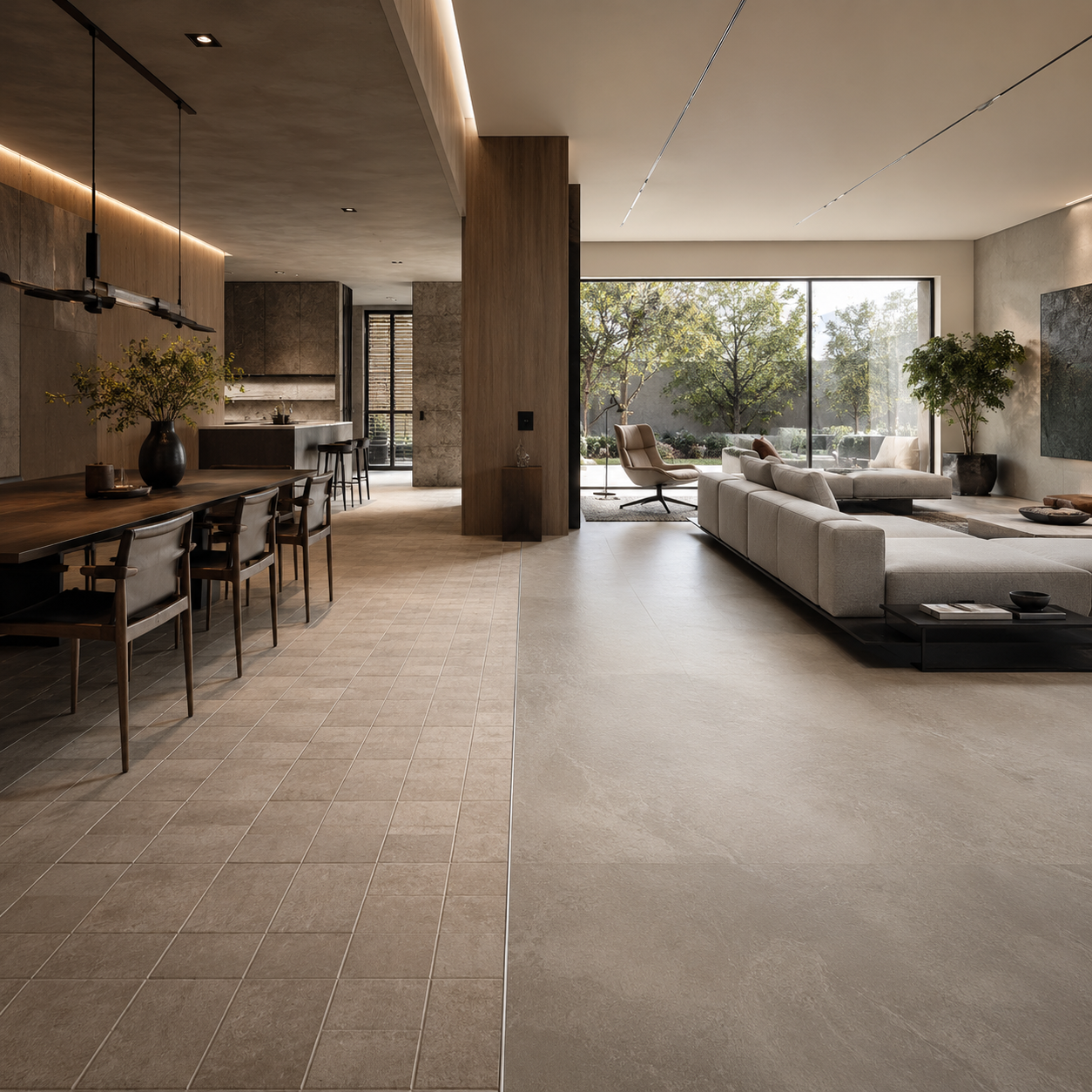 Comparación visual entre formatos pequeños y grandes Espacio contemporáneo mostrando diferencia visual entre porcelanato pequeño fragmentado y porcelanato de gran formato elegante y continuo.