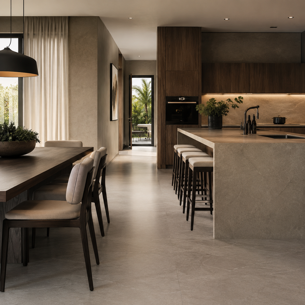 Continuidad estética en arquitectura contemporánea Cocina y comedor contemporáneo con porcelanato de formato amplio que aporta elegancia, iluminación y coherencia visual.