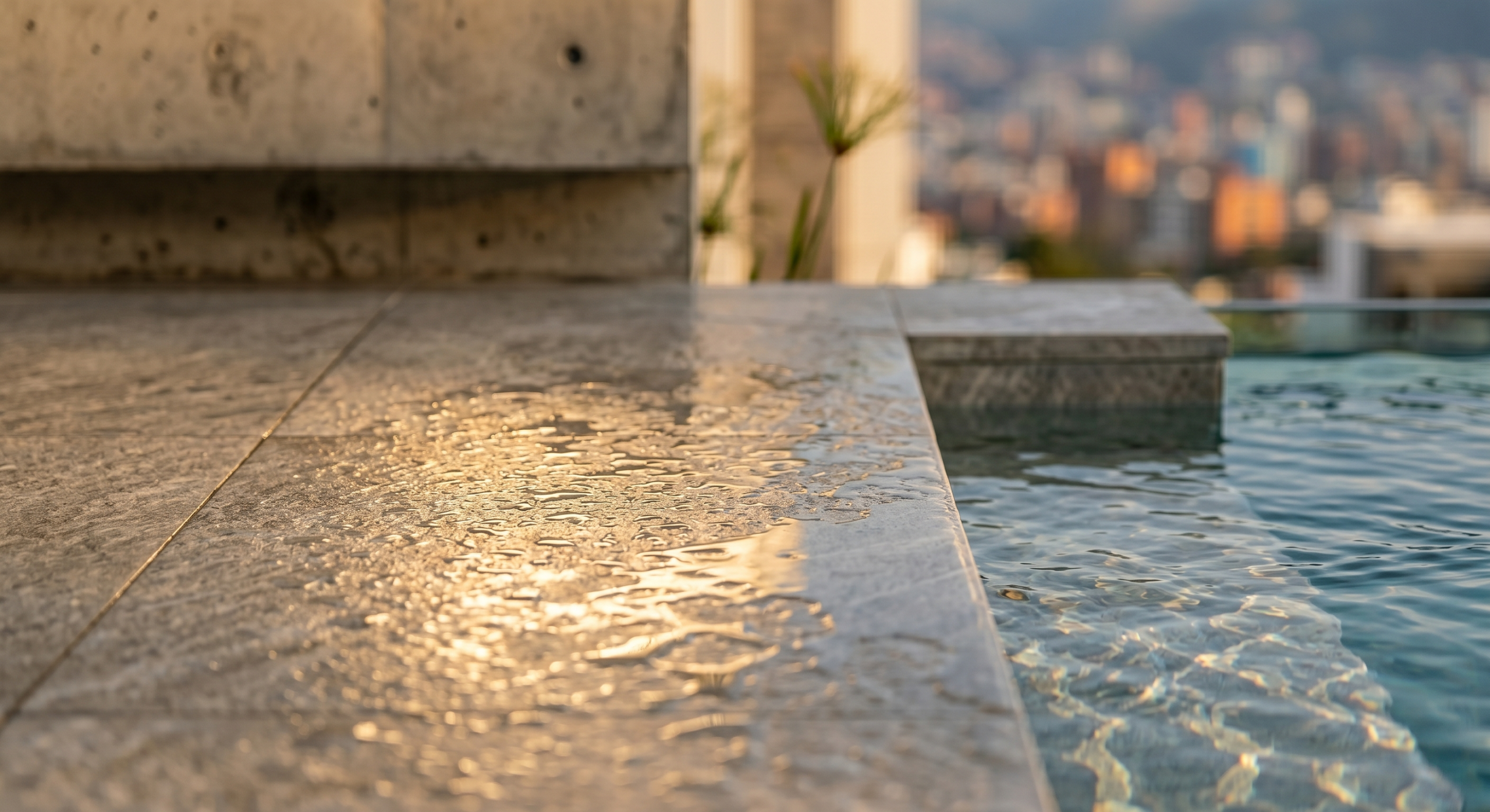 Detalle realista de porcelanato exterior antideslizante bajo humedad Primer plano de porcelanato exterior texturizado con gotas de agua y acabado antideslizante en una terraza moderna.