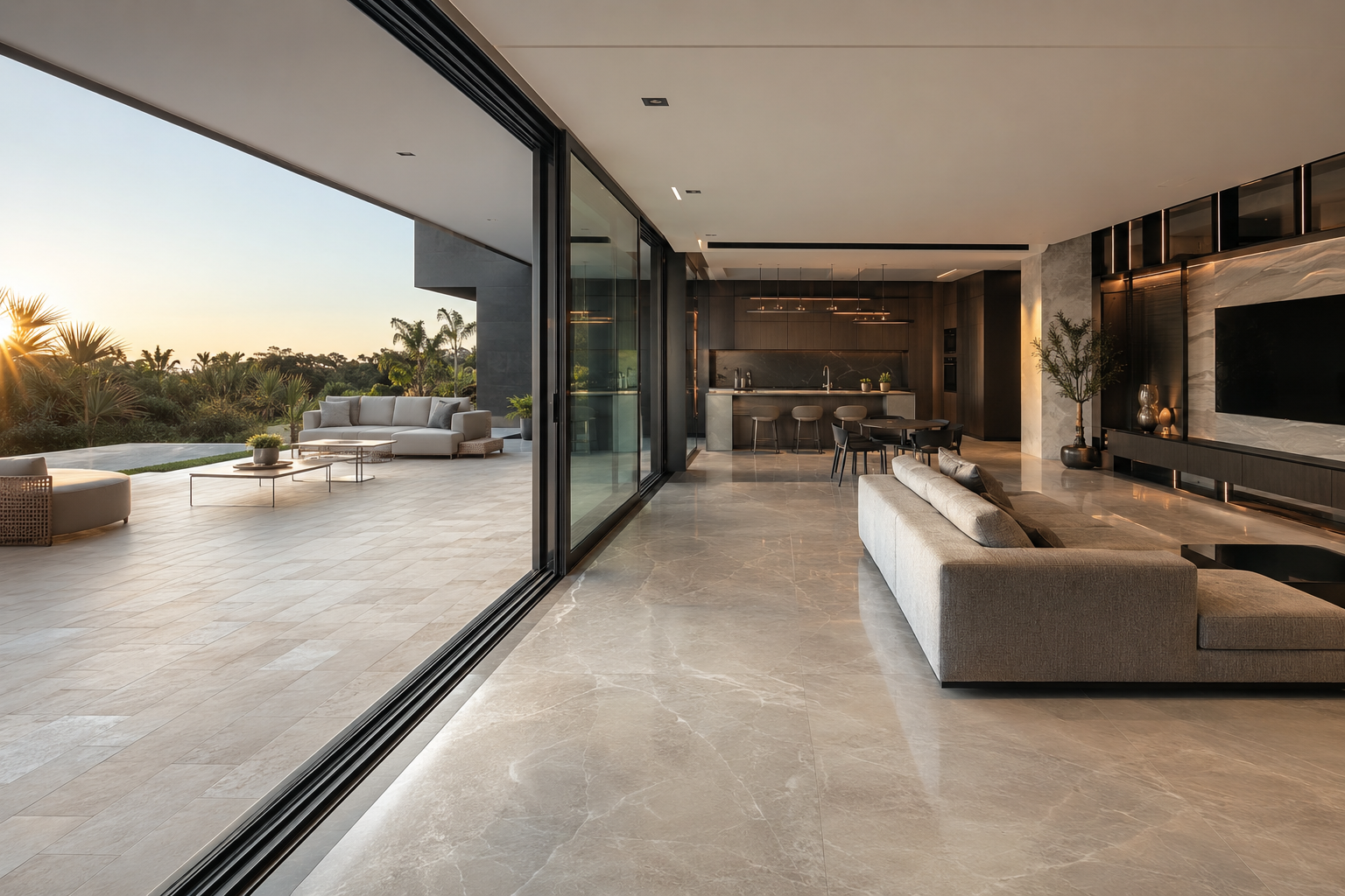 Diferentes formatos de porcelanato en arquitectura contemporánea Ambiente contemporáneo de lujo mostrando porcelanatos de diferentes formatos instalados en espacios modernos amplios y minimalistas.