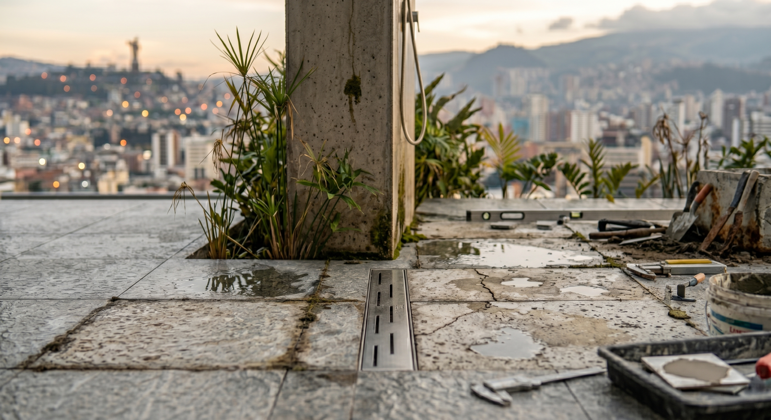 Errores comunes en porcelanato exterior visibles con el paso del tiempo Plano cerrado de porcelanato exterior deteriorado por humedad, lluvia y mala elección de materiales para exteriores.