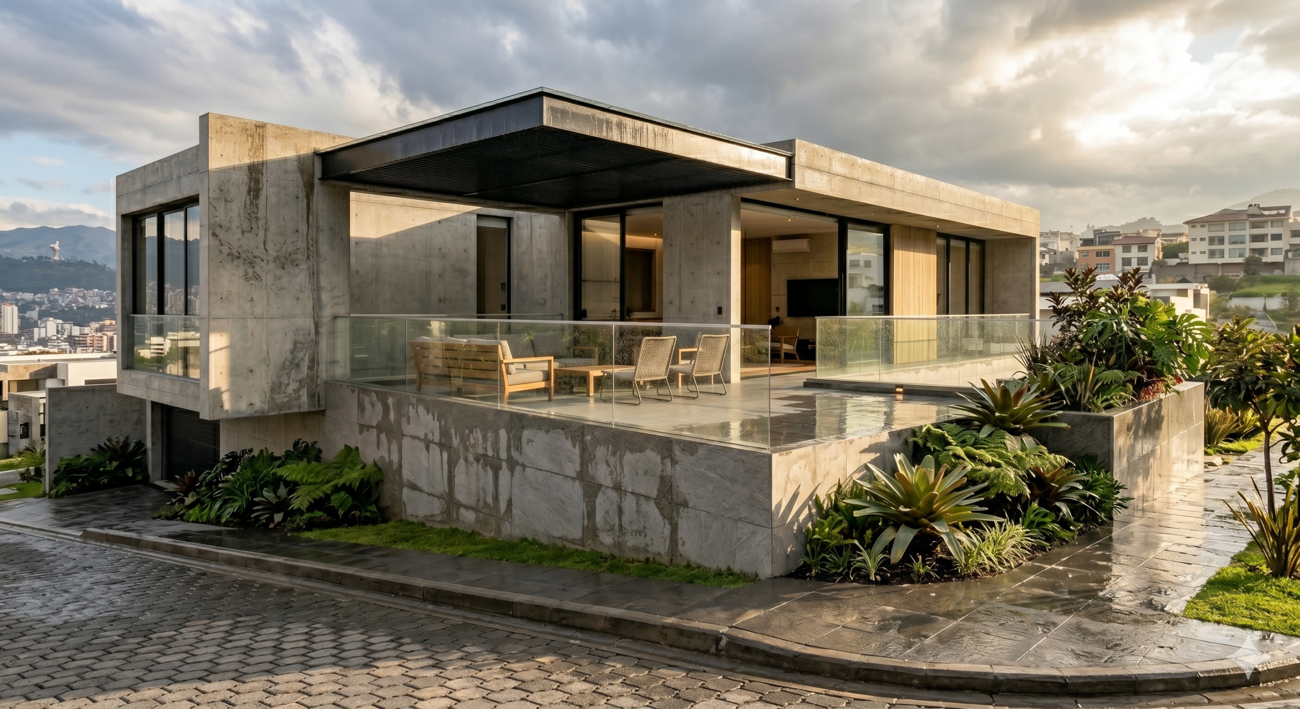 Fachada exterior moderna con porcelanato resistente al sol y la humedad Fachada contemporánea con revestimiento de porcelanato exterior resistente a humedad, lluvia y exposición solar constante.