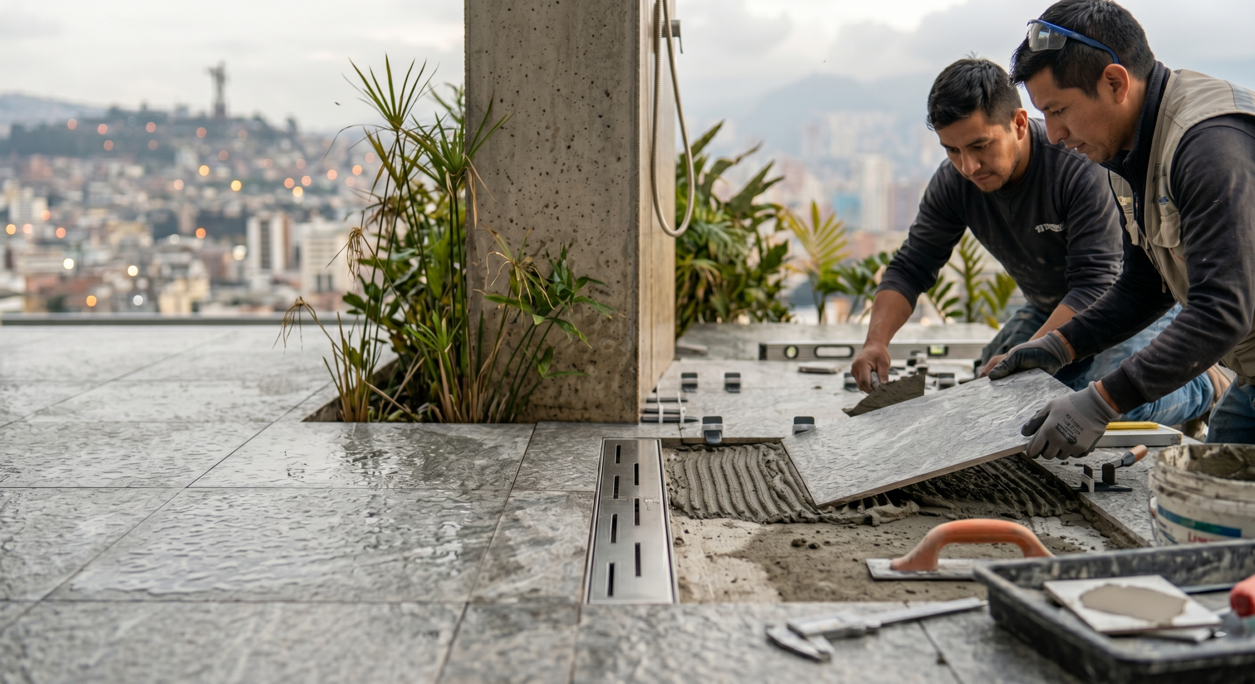 Instalación profesional de porcelanato exterior con nivelación y drenaje correcto Instalación técnica de porcelanato exterior utilizando adhesivos especializados y sistema de nivelación profesional.